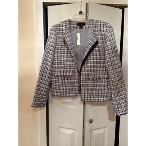 NWT J. Crew‎ Tweed Jacket Size 16 Navy Multi Raw Hem Collarless Blazar